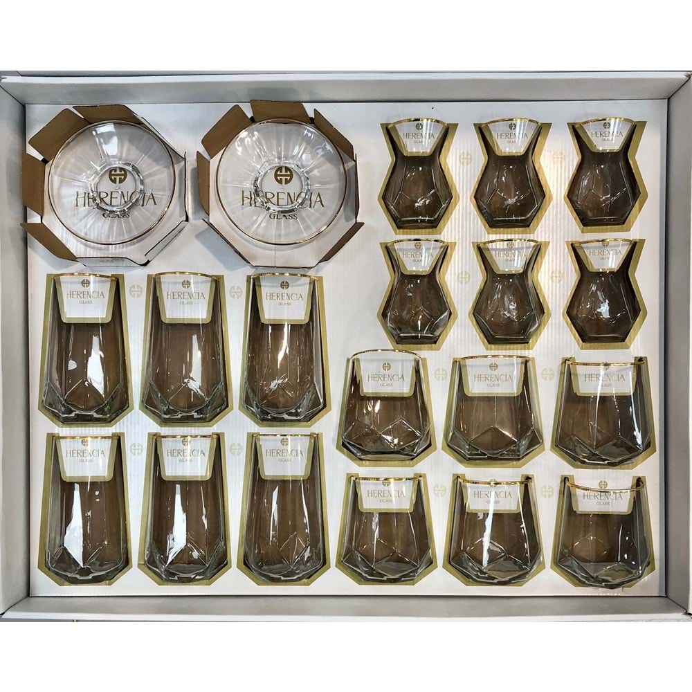 Herencıa 24 Pcs Nilüfer Cam Bardak Seti Altın (3 Paket)