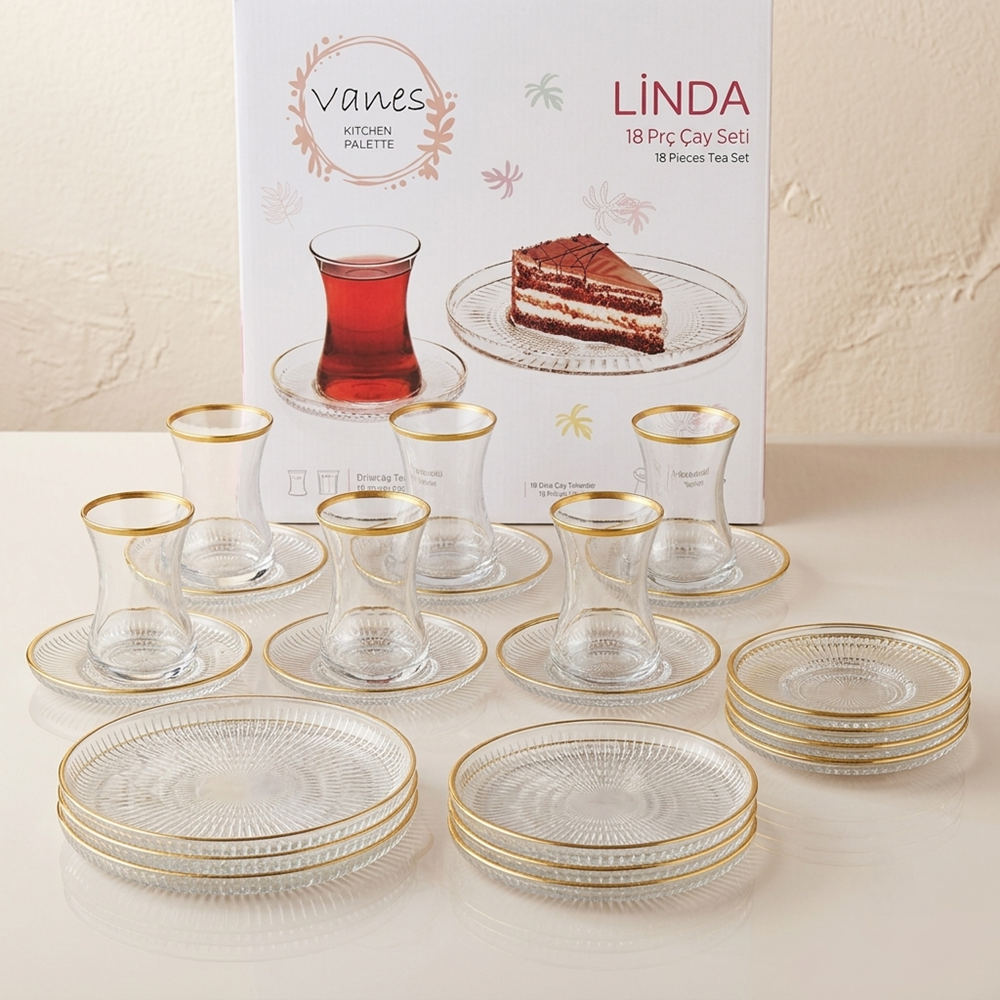 Vanes Linda İkram Çay Seti 18 Parça Yaldızlı (4 Paket)