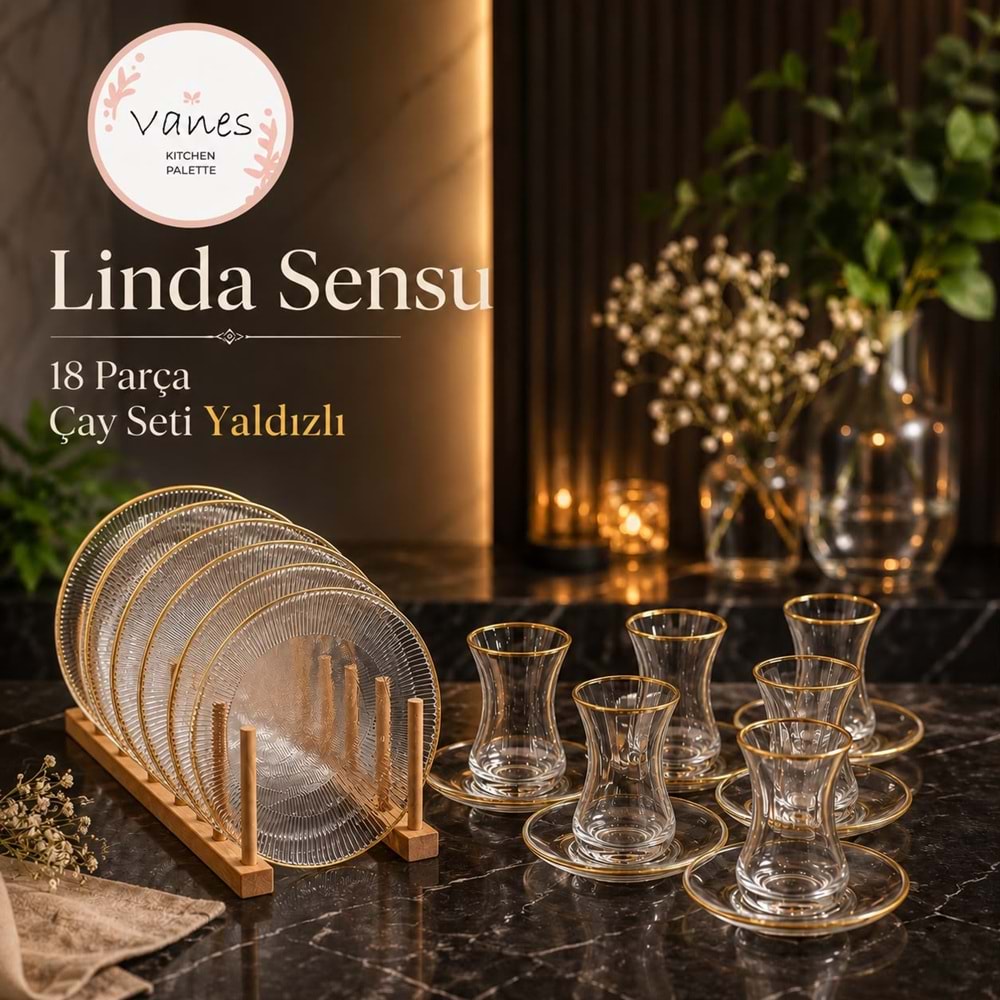 Vanes Linda Sensu Çay Seti 18 Parça Yaldızlı (4 Paket)