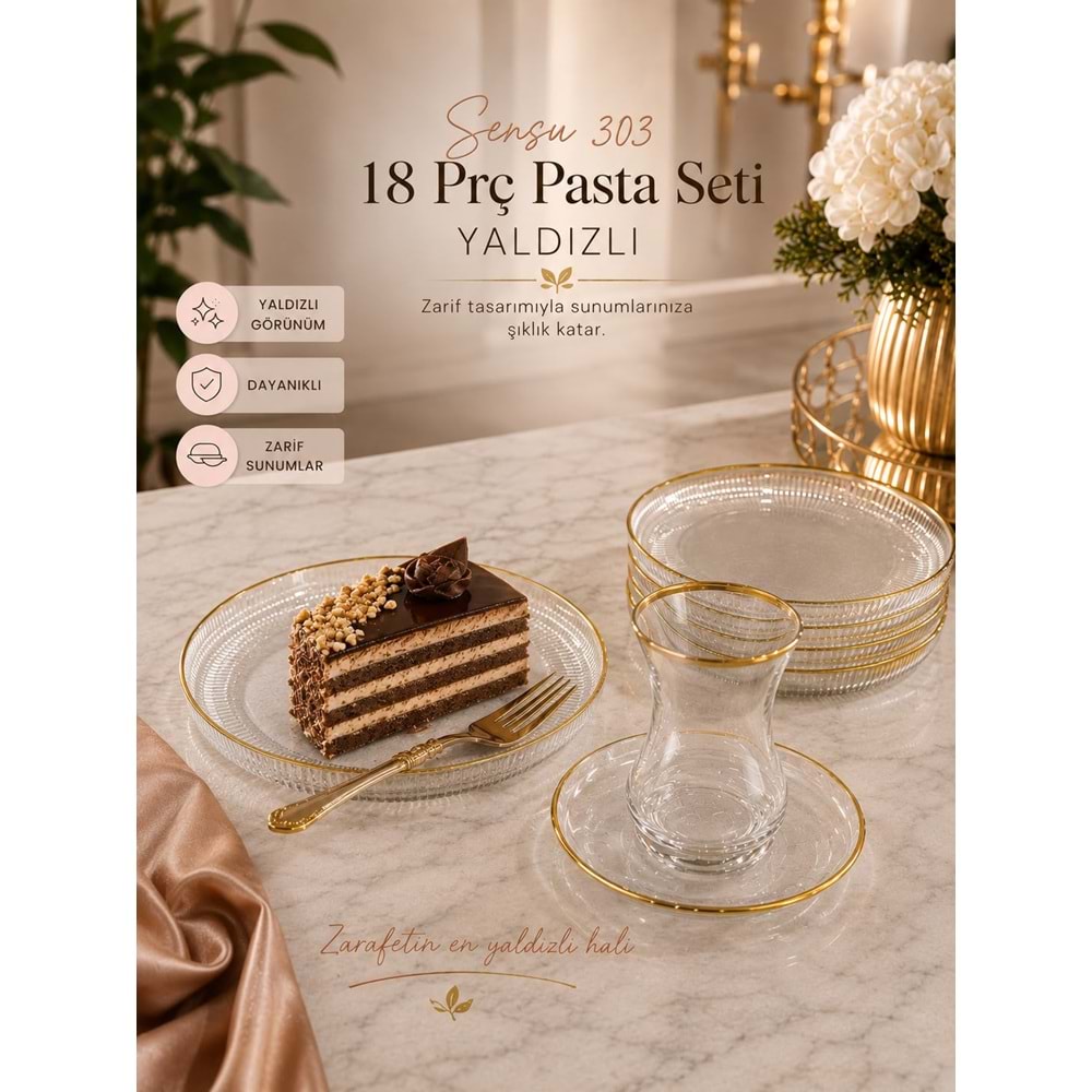 Vanes Linda Sensu Çay Seti 18 Parça Yaldızlı (4 Paket)