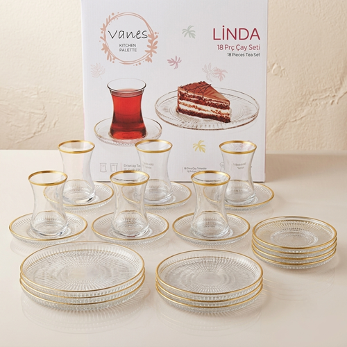 Vanes Linda İkram Çay Seti 18 Parça Yaldızlı (4 Paket)