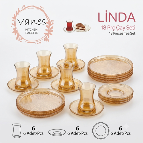 Vanes Linda İkram Çay Seti 18 Parça Oranj (4 Paket)