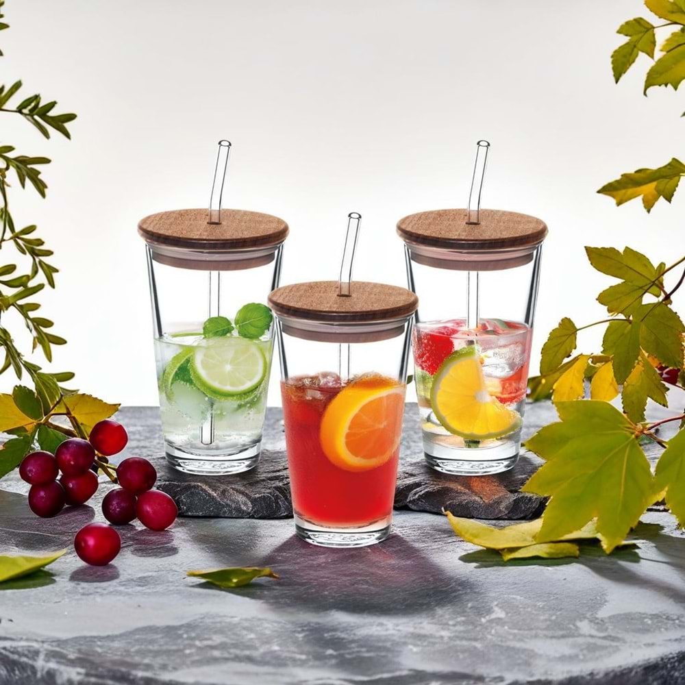 Vanes Vita Ahşap Kapaklı Cam Pipetli Bardak (12 Paket)