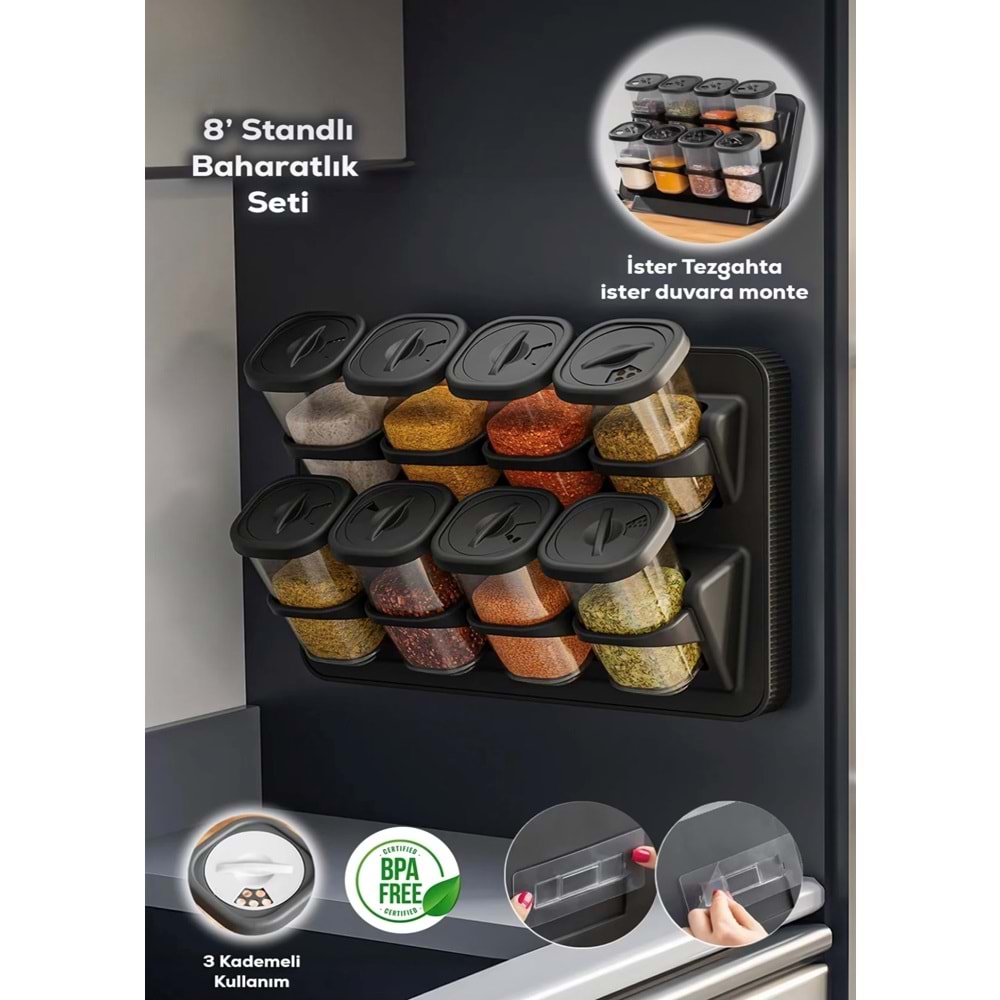 Porsima 1121 Siyah 8 Li Karma Stand Baharatlık (8 Döner Kapak)