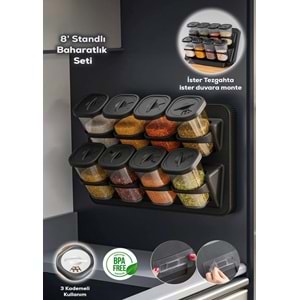 Porsima 1121 Siyah 8 Li Karma Stand Baharatlık (8 Döner Kapak)