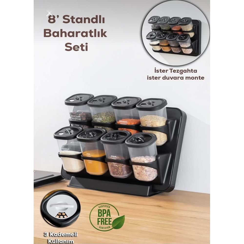 Porsima 1121 Siyah 8 Li Karma Stand Baharatlık (8 Döner Kapak)