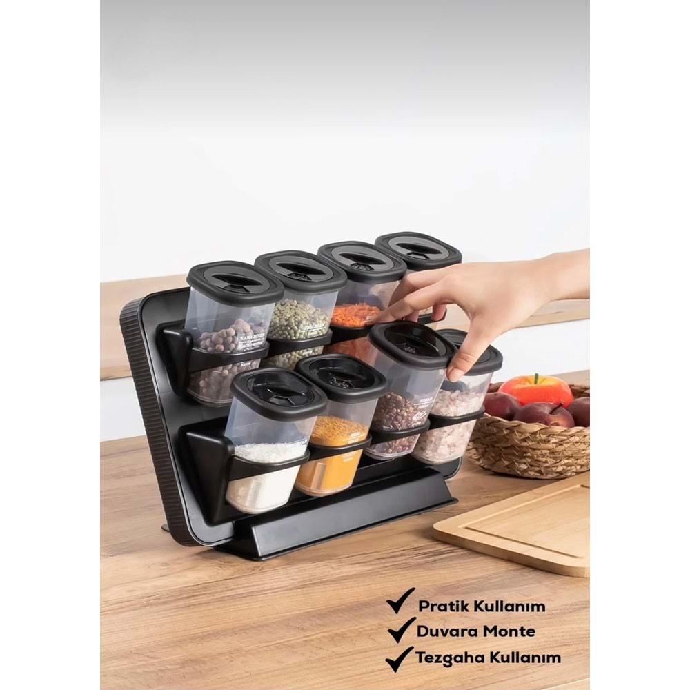 Porsima 1121 Siyah 8 Li Karma Stand Baharatlık (8 Döner Kapak)