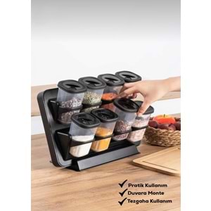 Porsima 1121 Siyah 8 Li Karma Stand Baharatlık (8 Döner Kapak)