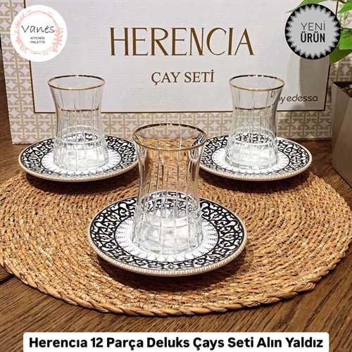 Herencıa 12 Parça Deluks Çay Seti Kesme Altın Yaldız (8 Paket)