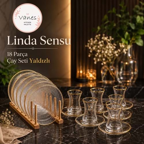 Vanes Linda Sensu Çay Seti 18 Parça Yaldızlı (4 Paket)