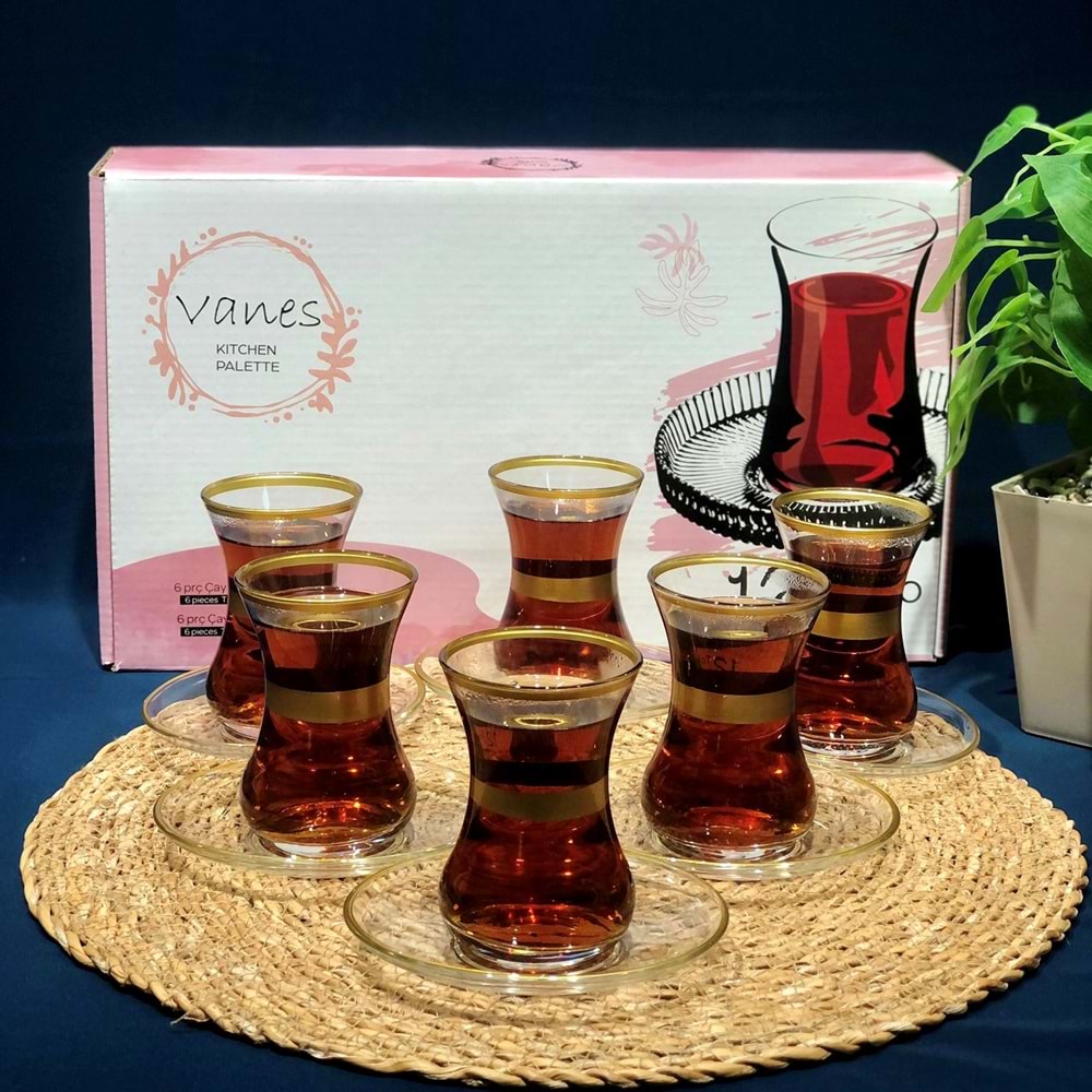Vanes 12 Parça İncebelli Çay Seti Bantlı (6 Paket)