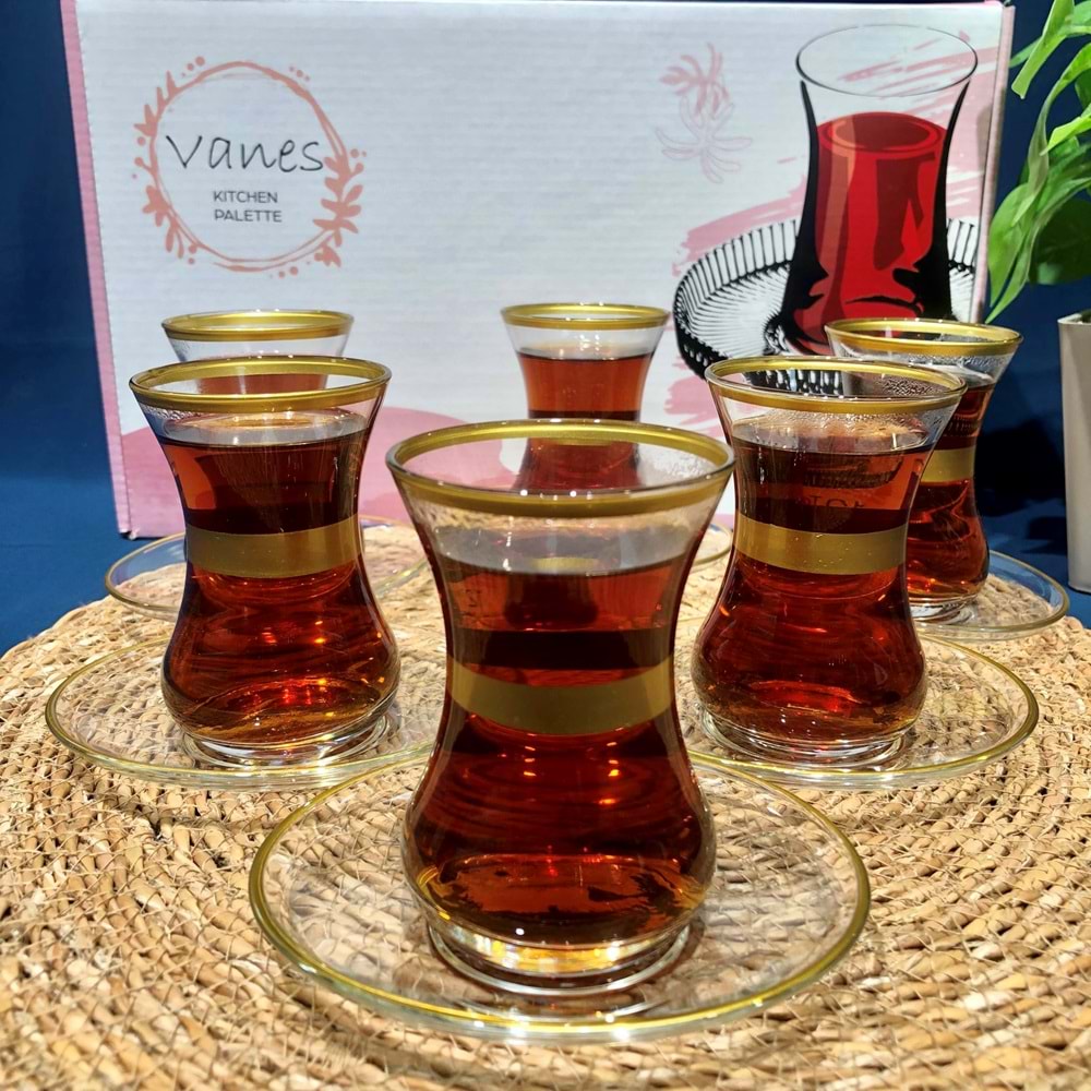 Vanes 12 Parça İncebelli Çay Seti Bantlı (6 Paket)