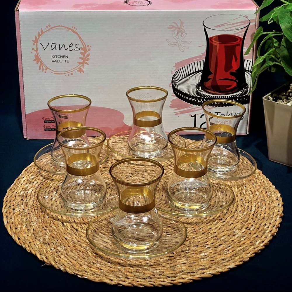 Vanes 12 Parça İncebelli Çay Seti Bantlı (6 Paket)