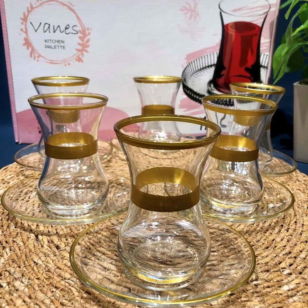 Vanes 12 Parça İncebelli Çay Seti Bantlı (6 Paket)
