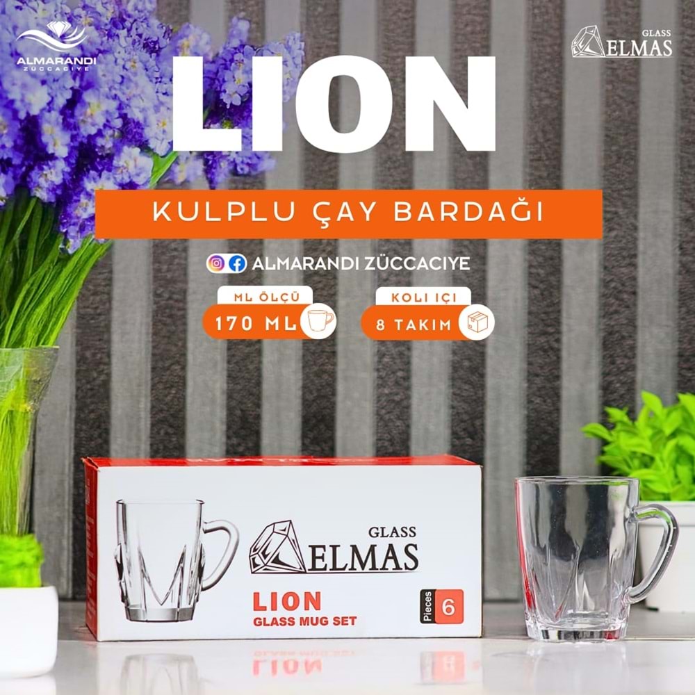 Elmas Lıon Kulplu Çay Bardak (8 Paket)